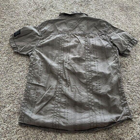 BKE Slim Fit Gray Button Up Short Sleeve Shirt Men Size Large Stripes Patches - Picture 6 of 6